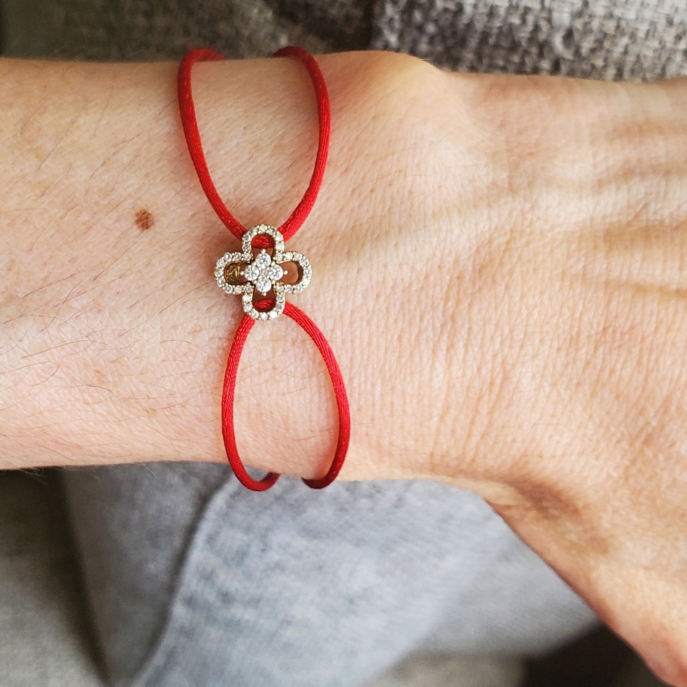 14k diamond clover lucky red string / cord friendship bracelet adjustable